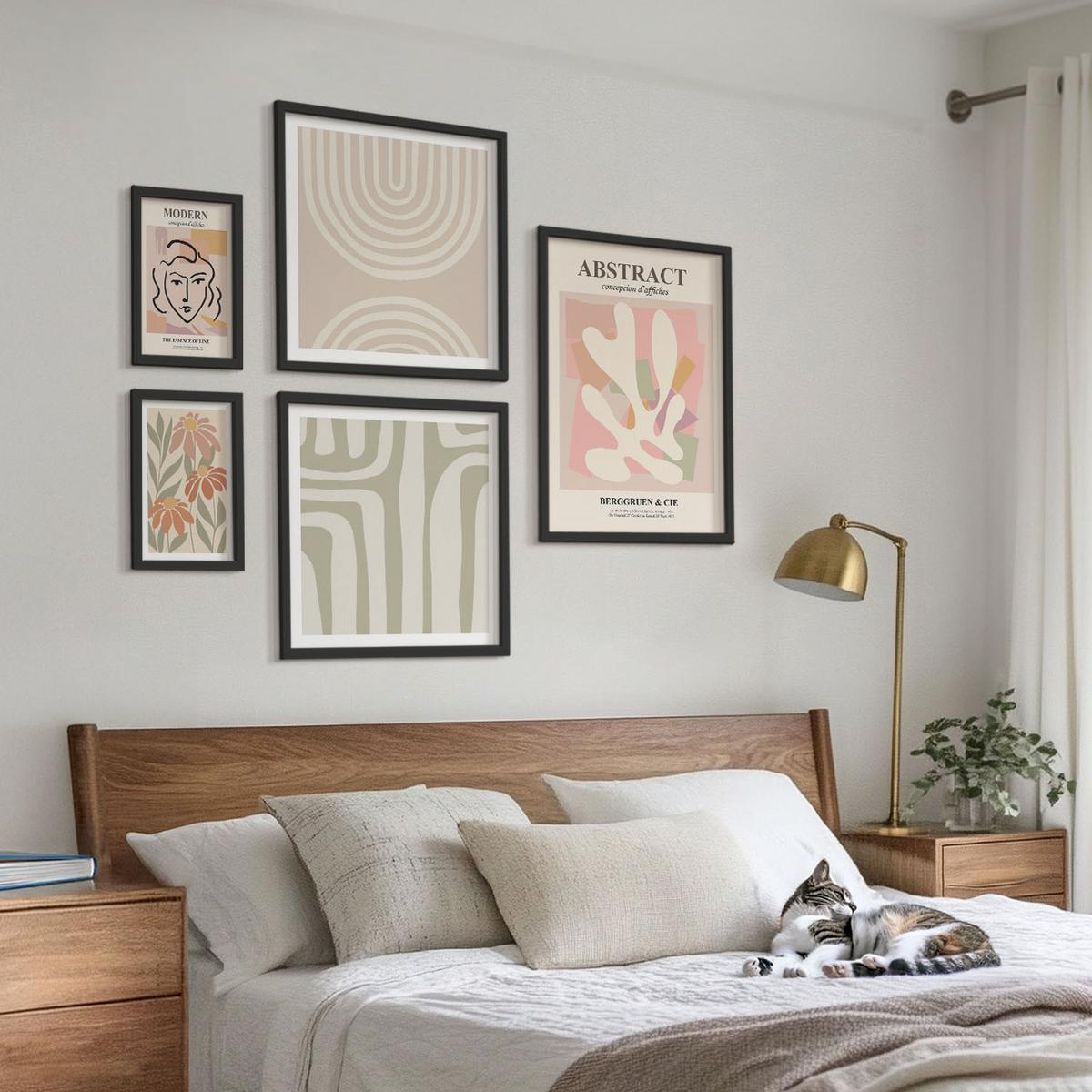 BILDER SET 5er Set - 50x50 cm & 20x30 cm & 40x60 cm Schwarzer Rahmen - Abstrakte Pflanzenformen - Schwarz, Kunststoff (40/60cm) - TULUP