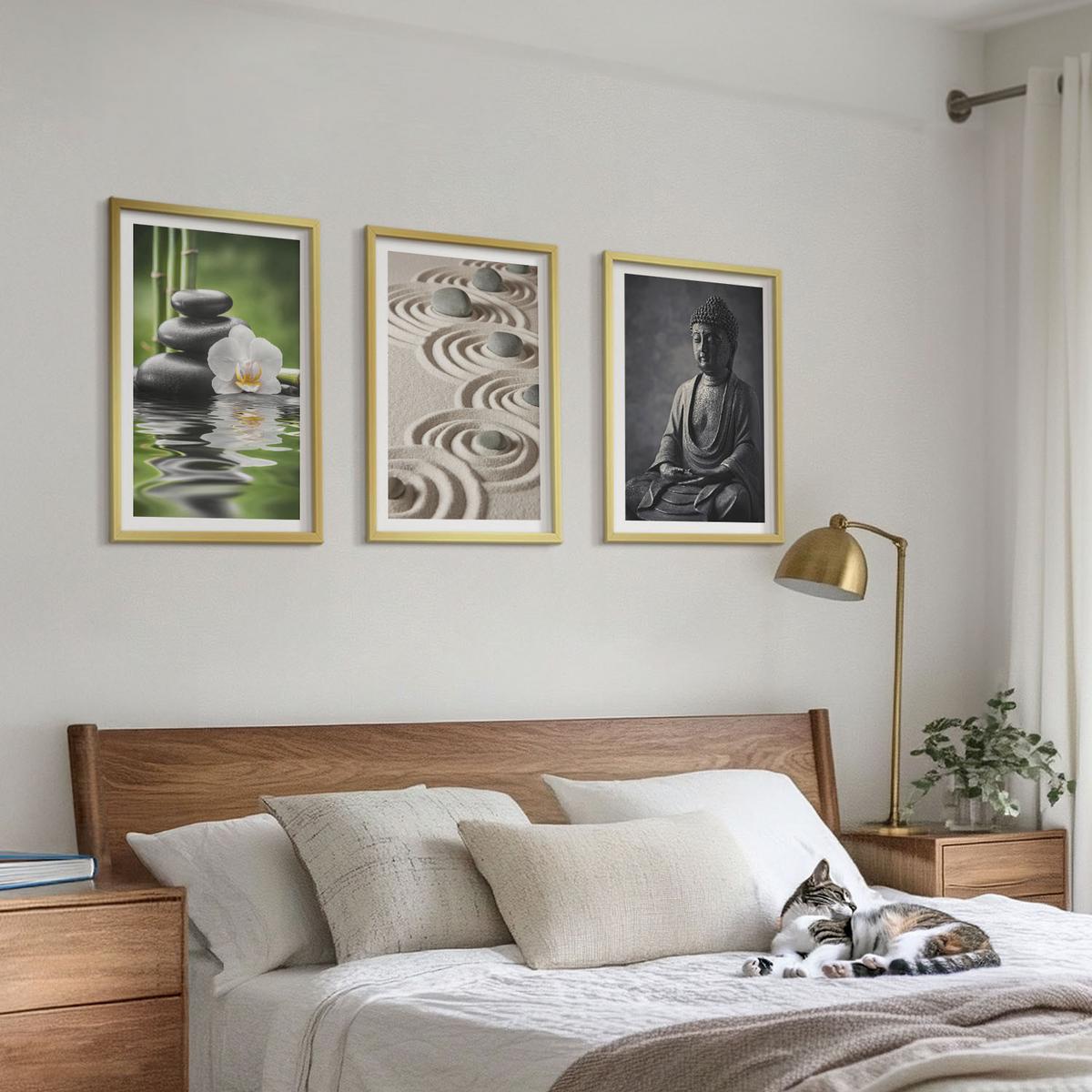 BILDER SET 3er Set - 40x60 cm Goldrahmen - Entspannender Blick auf den Zen-Buddha - Goldfarben, Kunststoff (40/60cm) - TULUP