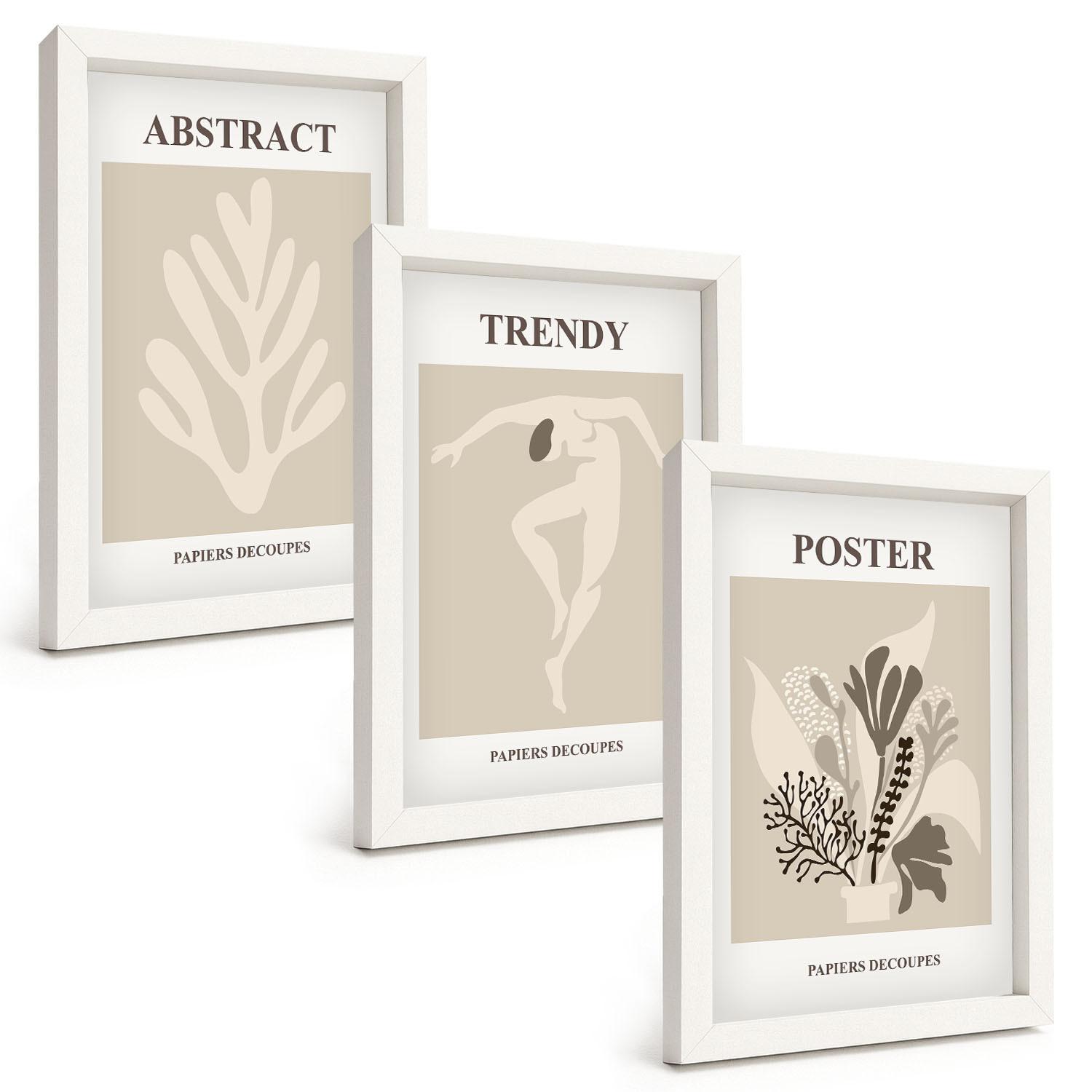 BILDER SET 3er Set - 20x30 cm Weißer Rahmen - Blumenmuster beige braun - Weiß, Kunststoff (20/30cm) - TULUP