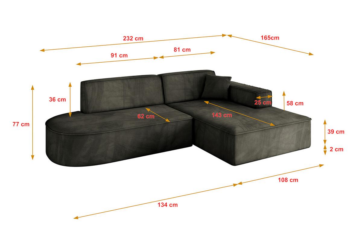 ECKSOFA Ottomane Rechts IREA-L1-v4 - 232x165x77 cm Schwarz - Schwarz, Holzwerkstoff/Textil (232/165cm) - ALTDECOR