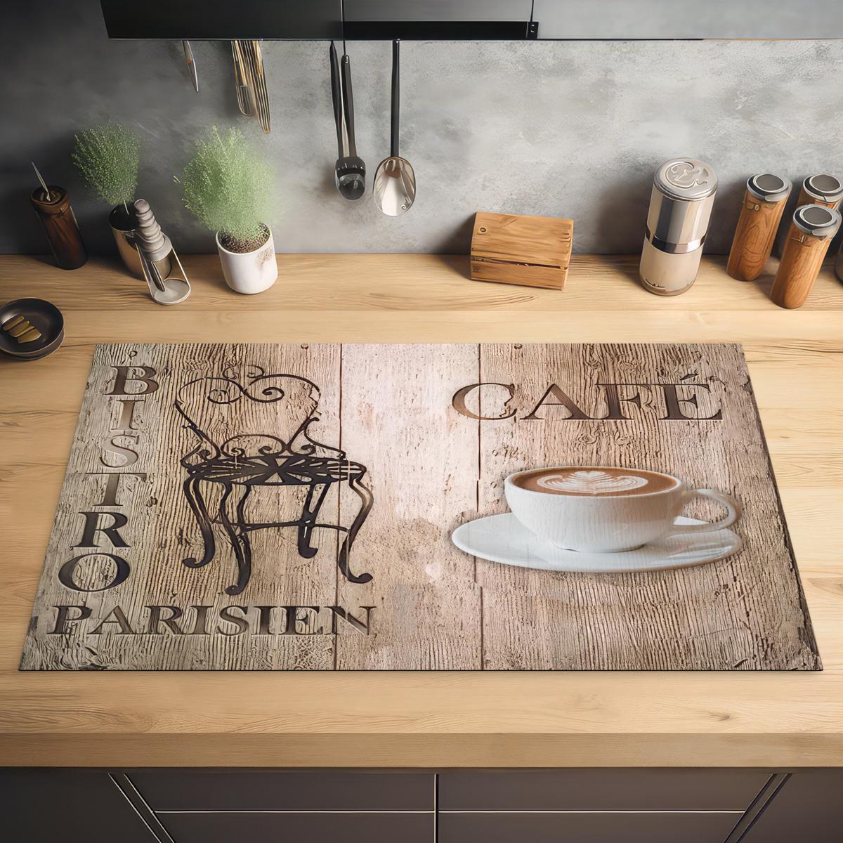 HERDABDECKPLATTE Bistro Parisien - Café - Kaffee - Jahrgang Ceranfeldabdeckung 90x52 cm - Cappuccino, Kunststoff (90/52/0.2cm) - MuchoWow
