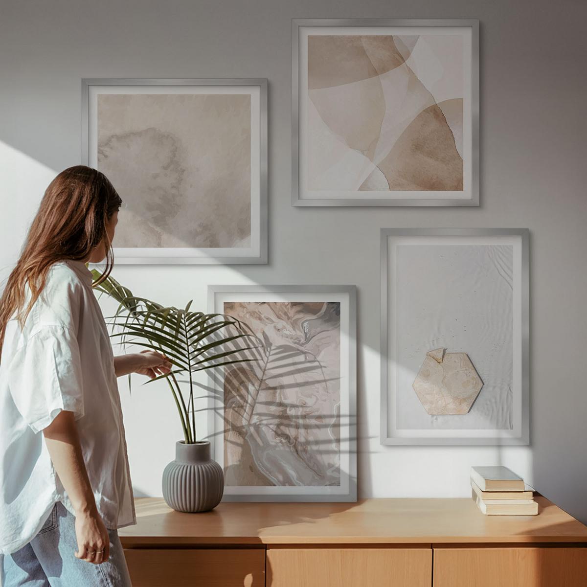 BILDER SET 4er Set - 50x50 cm & 40x60 cm Silberner Rahmen - Designabstraktion, Naturinspiration - Silberfarben, Kunststoff (50/50cm) - TULUP