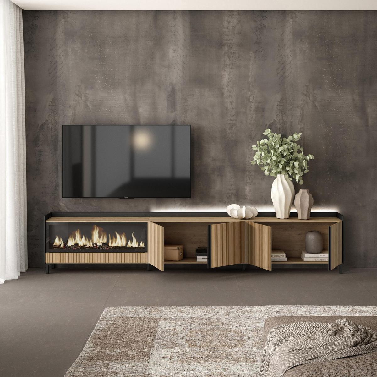 LOWBOARD, Eiche und Schwarz, 315/35/61cm, Elektrokamin XXL, Industriedesign, Led - Eichefarben, Holzwerkstoff (315/61/35cm) - Skraut Home