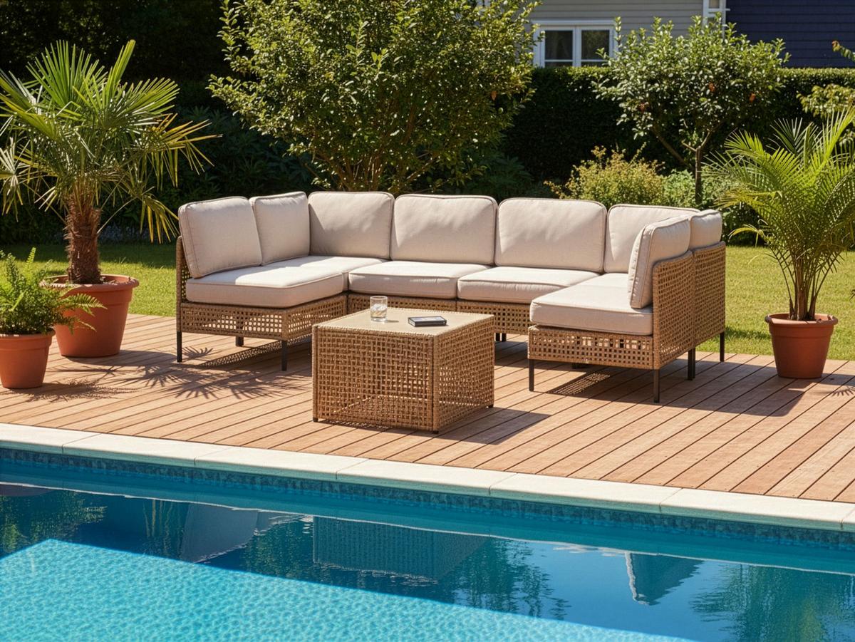 GARTENSOFA in U-Form 6-Sitzer modular Polyrattan Hellbeige Omegana - Beige/Schwarz, Kunststoff (276/80/138cm) - Beliani