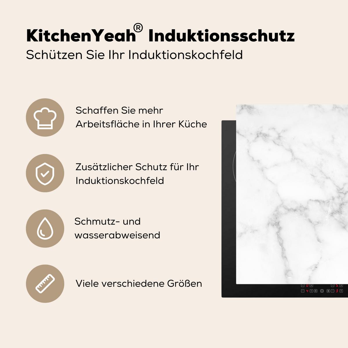 HERDABDECKPLATTE Marmor - Grau - Weiß - Strukturierter Marmor Abdeckung Ceranfeld 58.3x51.3 cm - Weiß, Kunststoff (58.3/51.3/0.2cm) - MuchoWow