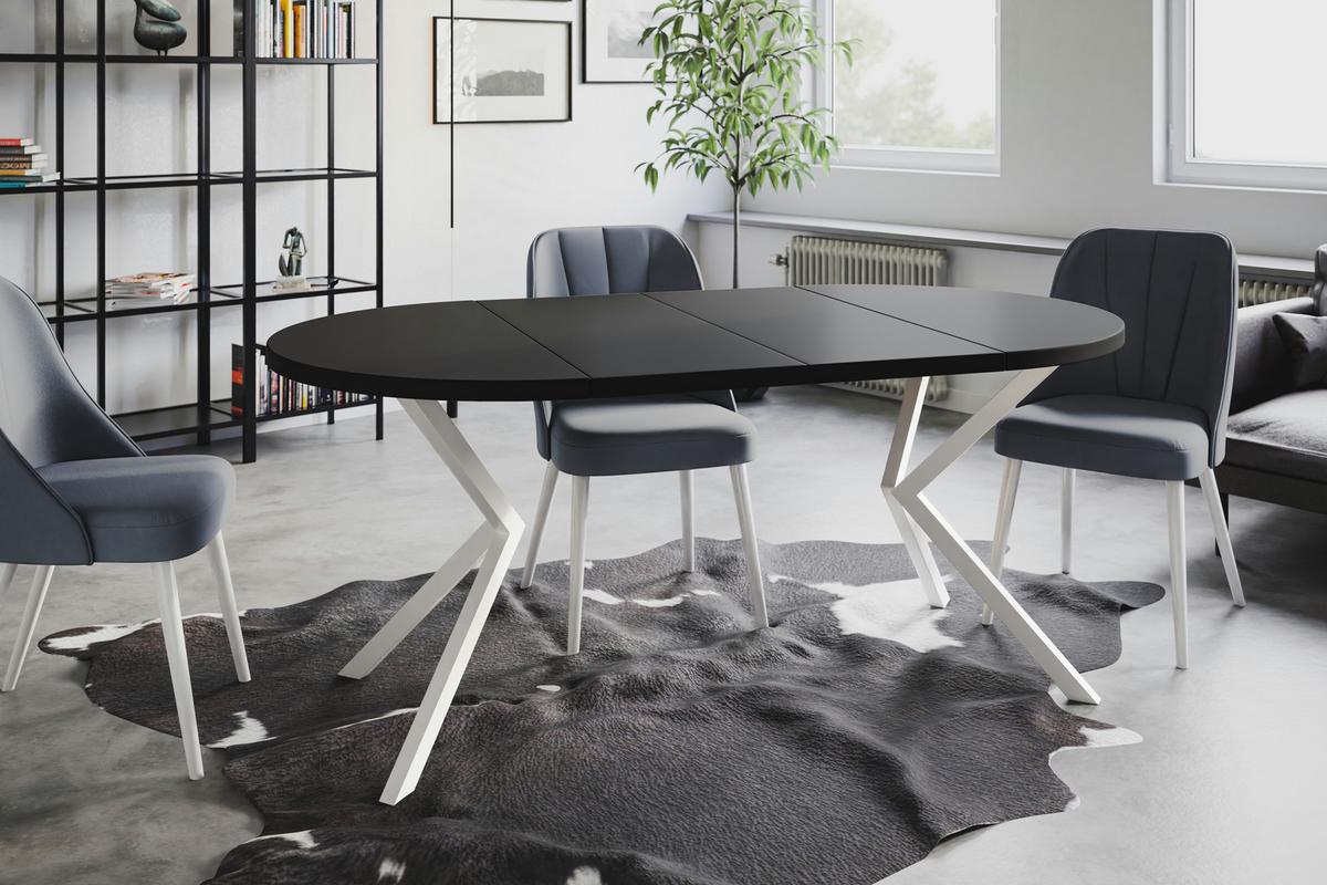 RUNDER Esszimmertisch LOFT LITEN, ausziehbarer Tisch Durchmesser: 120 cm/200 cm, Wohnzimmertisch Farbe: Schwarz, mit Metallbeinen in Farbe Weiß - Schwarz/Weiß, Holzwerkstoff (120/120/76cm) - Alpi-Möbel