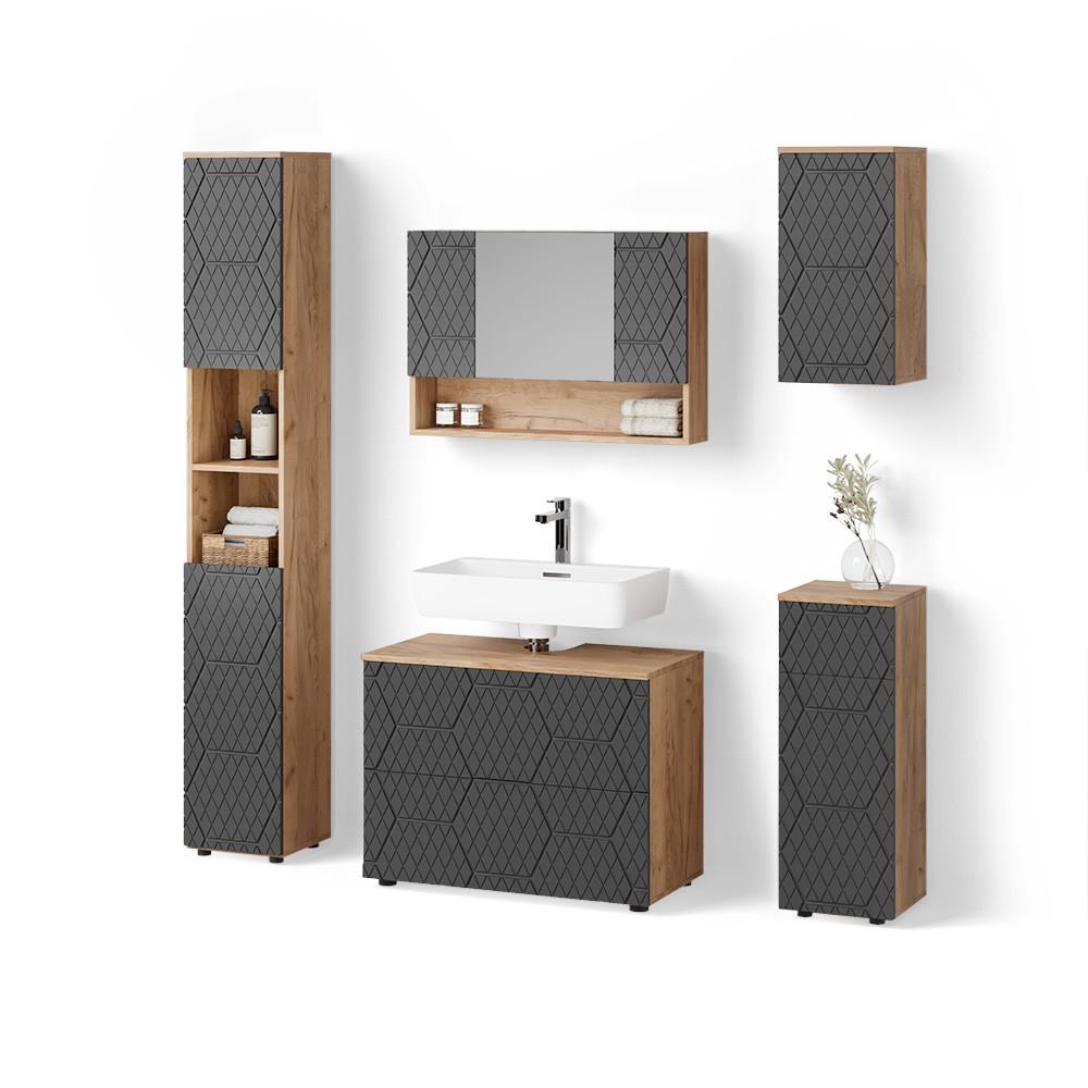 BADMÖBEL-SET Ronco Anthrazit mit Wabenstruktur 5 Teile - Anthrazit, Holzwerkstoff (80/58/41cm) - Livinity®