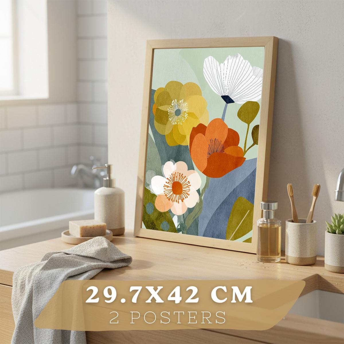 POSTER 2er-Set dekorative Badezimmerdrucke, moderne florale Wandposter für Waschbecken, abstrakte florale, nordischer Stil Leichter Holzrahmen A3 - Beige, Papier (42/29.7/3cm) - Nacnic