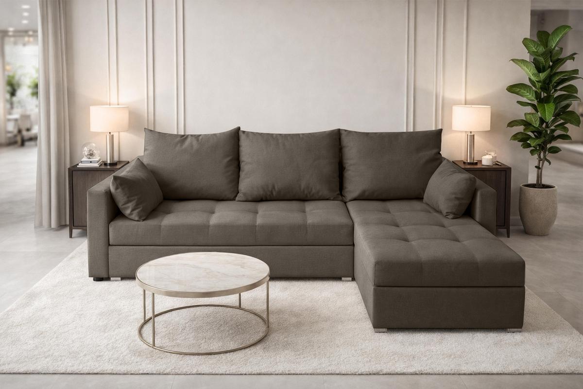 ECKSOFA Universelle L Form Elif Braun 220/140/85 cm stilvolle mit Schlaffunktion - Silberfarben/Braun, Kunststoff/Textil (220/140cm) - AX Living