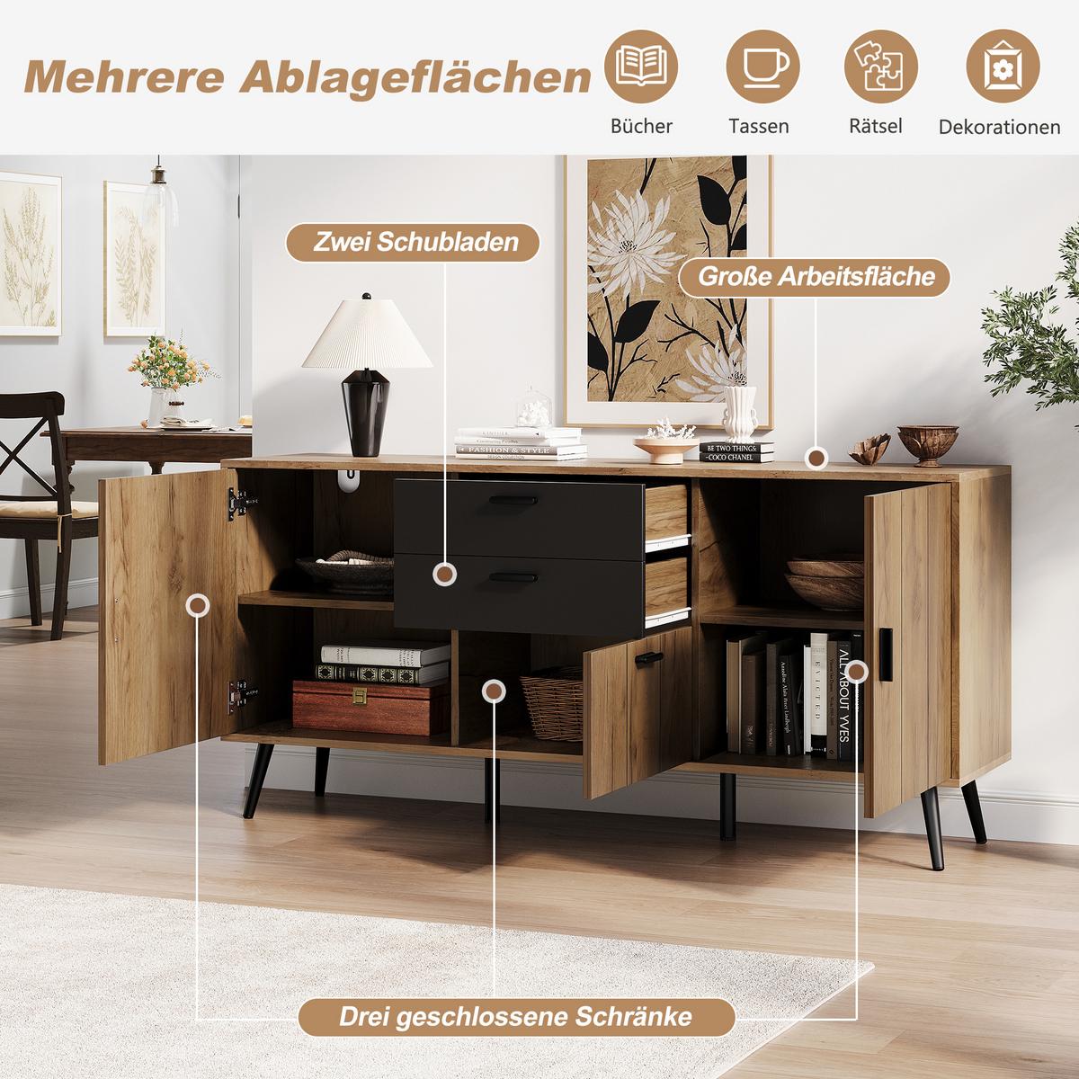 SIDEBOARD 140cm Holz/Schwarz mit 2 Schubladen, 3 Türen & 7 Fächern - Naturfarben, Holzwerkstoff (140/67/35cm) - Urban Meuble