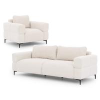 SITZGARNITUR 3+1 Cardea in Bubble-Optik aus weichem Creme Strukturstoff mit hohem Sitzkomfort - Creme/Schwarz, Holz/Textil (217/80/97cm) - S-Style Möbel