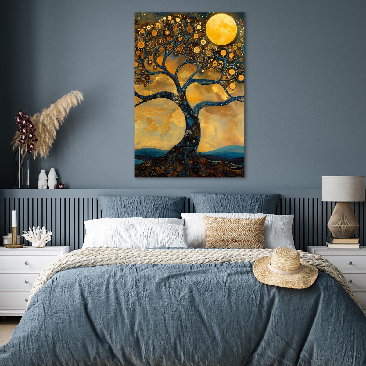 POSTER Baum - Mond - Blumen - Gold - Kunst Wandbild Schlafzimmer 80x120 cm - Orange, Papier (80/120/0.1cm) - MuchoWow