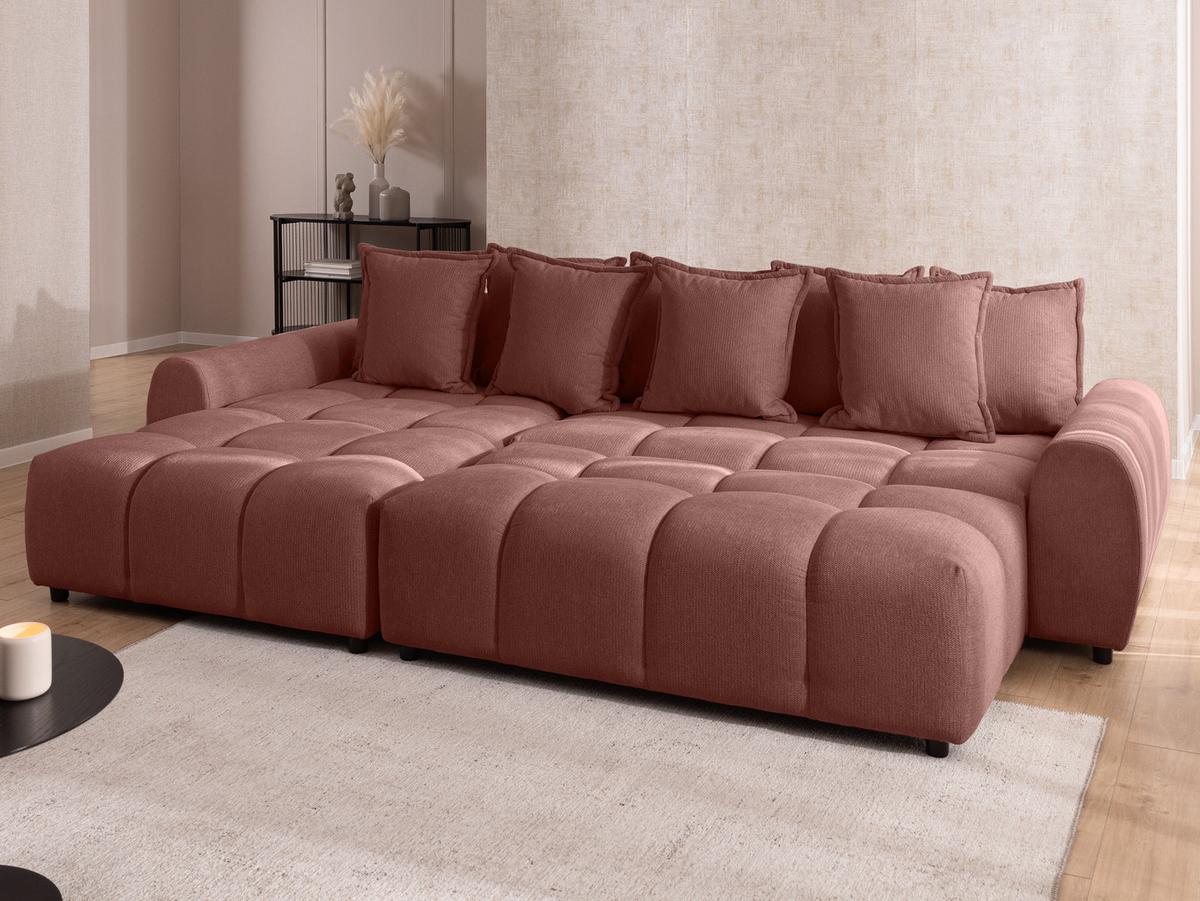 ECKSOFA inkl. Hocker Bubble mit Schlaffunktion und losen Rückenkissen, Sitzfläche Bubble-Optik aus weichem Terrakotta Strukturstoff - Ottomane Links - Terracotta/Schwarz, Holz/Kunststoff (180/306cm) - S-Style Möbel