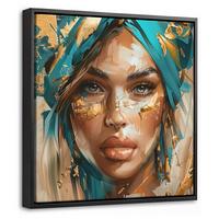 LEINWAND Bilder mit Rahmen - Frau - Porträt - Gold - Luxus - Blau - 20x20 - Türkis, Textil (20/20cm) - MuchoWow