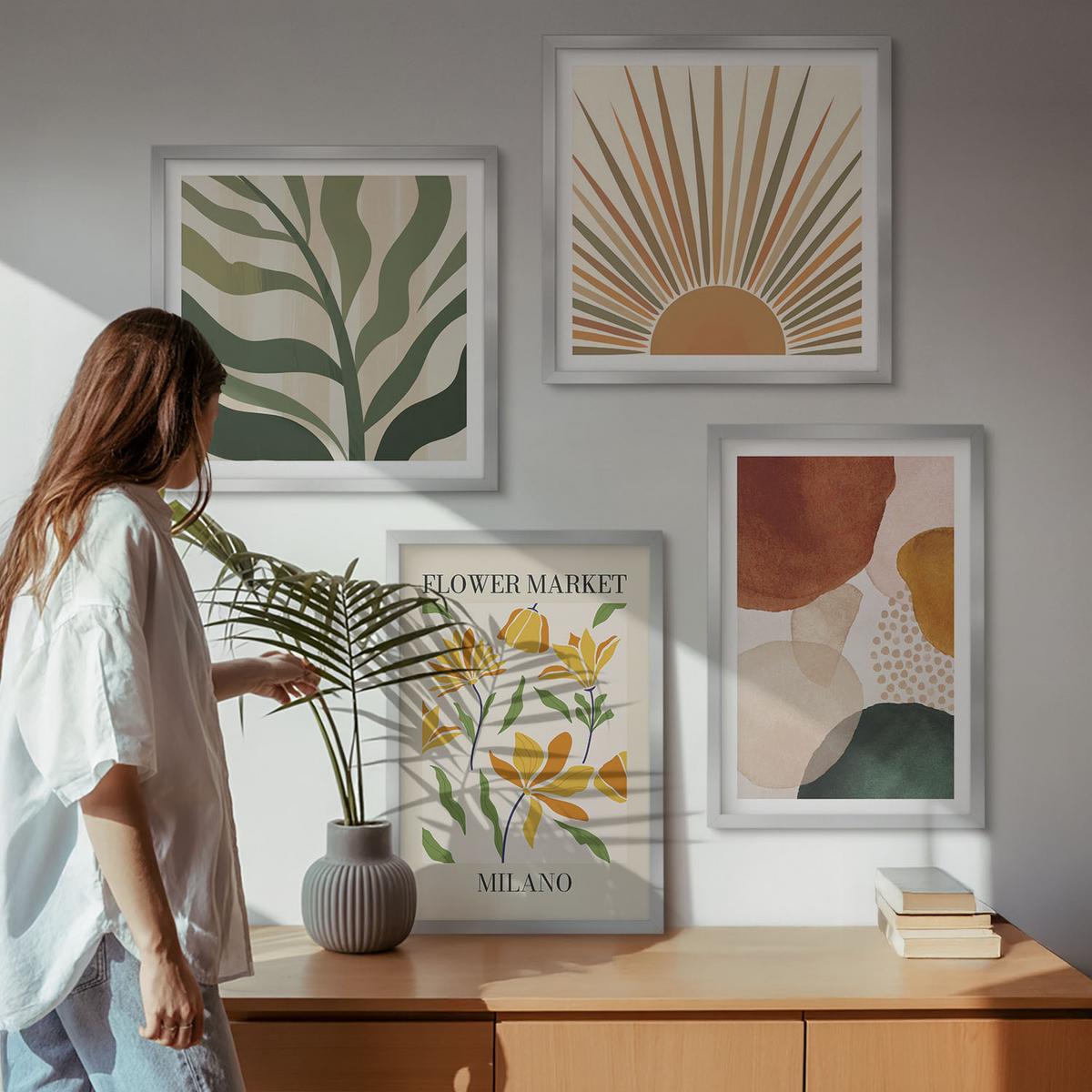 BILDER SET 4er Set - 50x50 cm & 40x60 cm Silberner Rahmen - Abstrakte Blumenmotive - Silberfarben, Kunststoff (50/50cm) - TULUP
