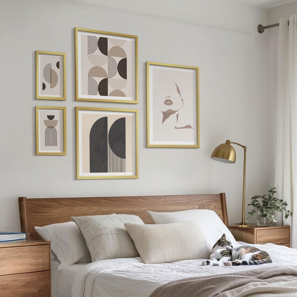BILDER SET 5er Set - 50x50 cm & 20x30 cm & 40x60 cm Goldrahmen - Abstrakte Gesichtsformen - Goldfarben, Kunststoff (40/60cm) - TULUP