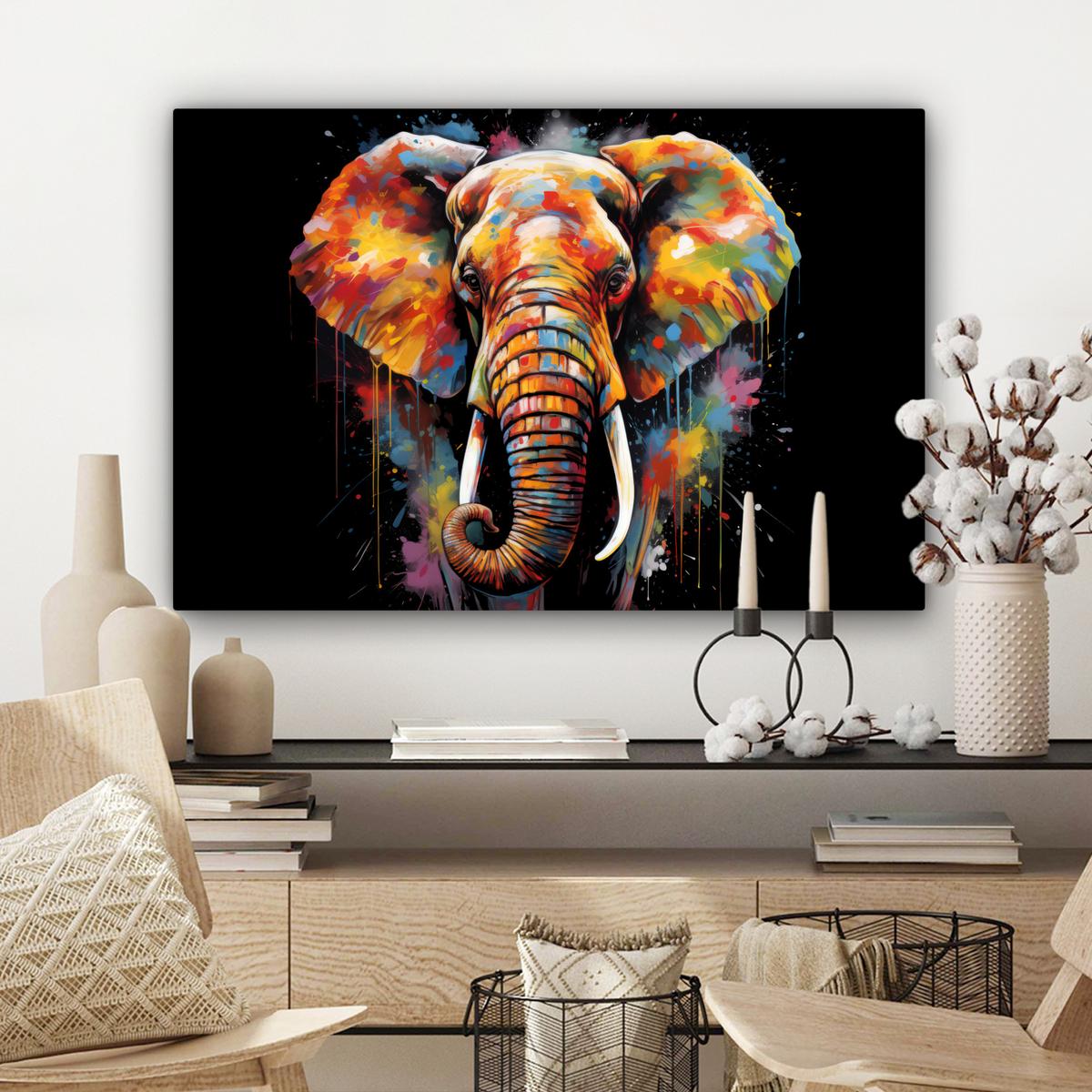 LEINWANDBILD Elefant - Graffiti - Schwarz - Tiere - Farben XXL 150x100 cm - Schwarz, Textil (150/100cm) - MuchoWow