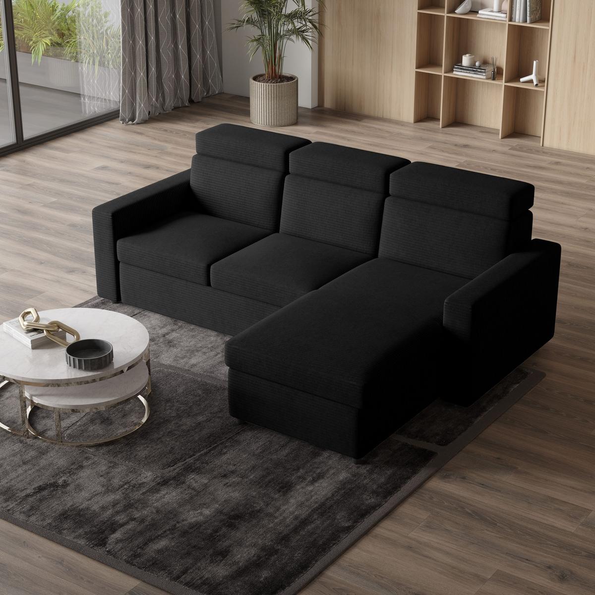 ECKSOFA PADWA Schwarz Kordstoff mit Schlaffunktion - Schwarz, Holz/Kunststoff (227/168cm) - MASSENO