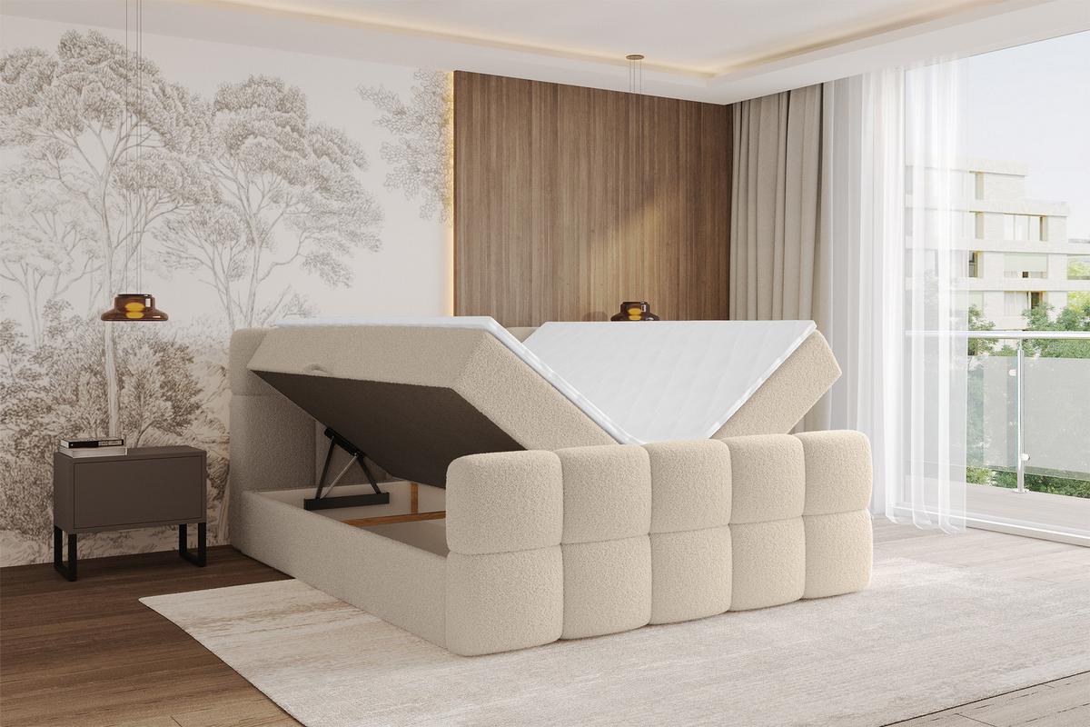 BOXBETT mit Matratze H4 - FAMA-Z - 180x200 cm Dunkelbeige Quelle - Creme, Holzwerkstoff - ALTDECOR