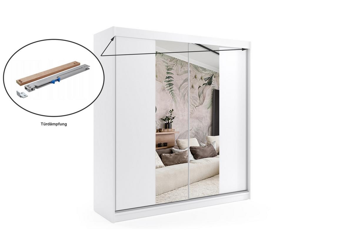 KLEIDERSCHRANK mit Spiegel-Schiebetüren und Aluminium-Leisten - LUZO - 200 cm Weiß - Weiß, Holzwerkstoff (200/216/61cm) - ALTDECOR
