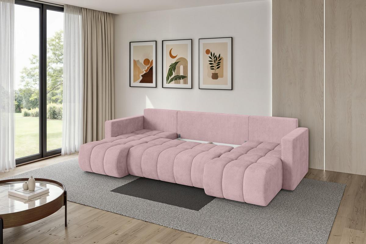 WOHNLANDSCHAFT mit Schlaffunktion und Bettkasten GARD-U 300x146x85 Rosa Cord - Schwarz/Rosa, Holzwerkstoff/Kunststoff (300/85/146cm) - ALTDECOR