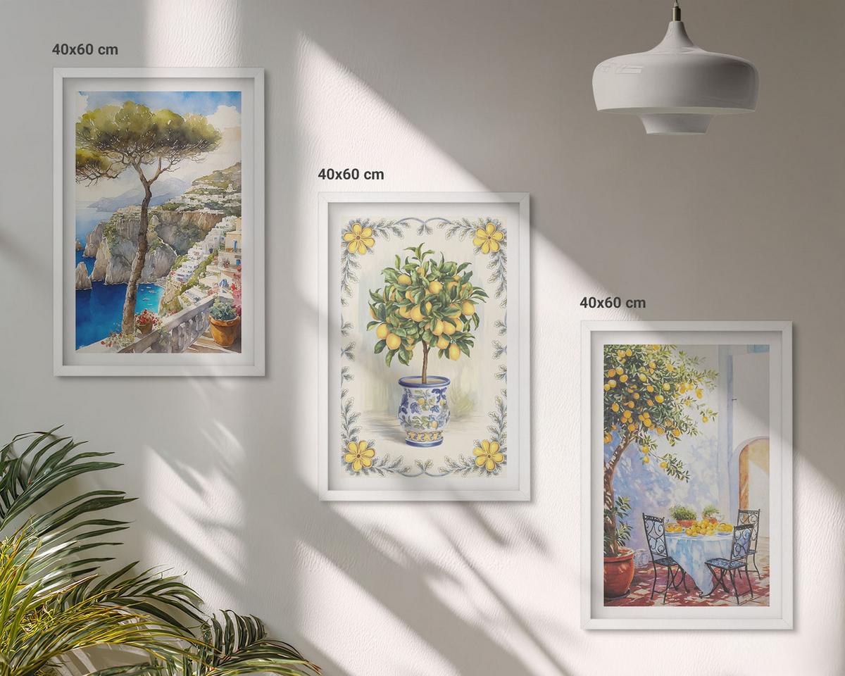 BILDER SET 3er Set - 40x60 cm Weißer Rahmen - Blick auf das Meer aus Zitronenbäumen - Weiß, Kunststoff (40/60cm) - TULUP