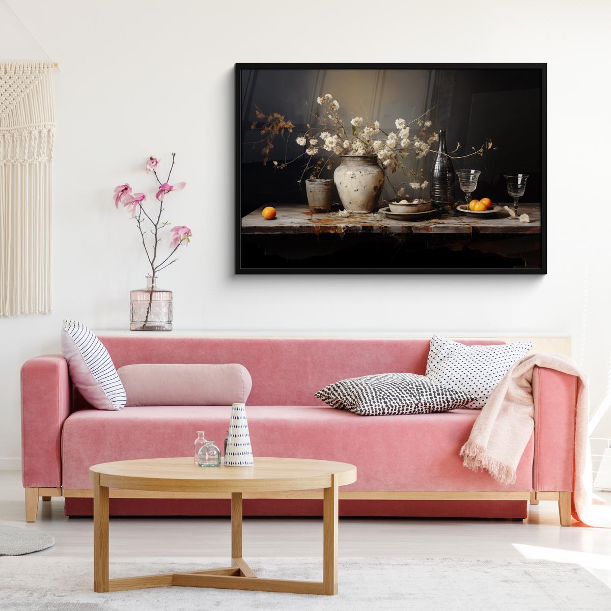 POSTER MIT RAHMENGERAHMTES BILD Stilleben - Blumen - Blumenstrauß - Vase - Wein 120x80 cm - Schwarz, Papier (120/80cm) - MuchoWow