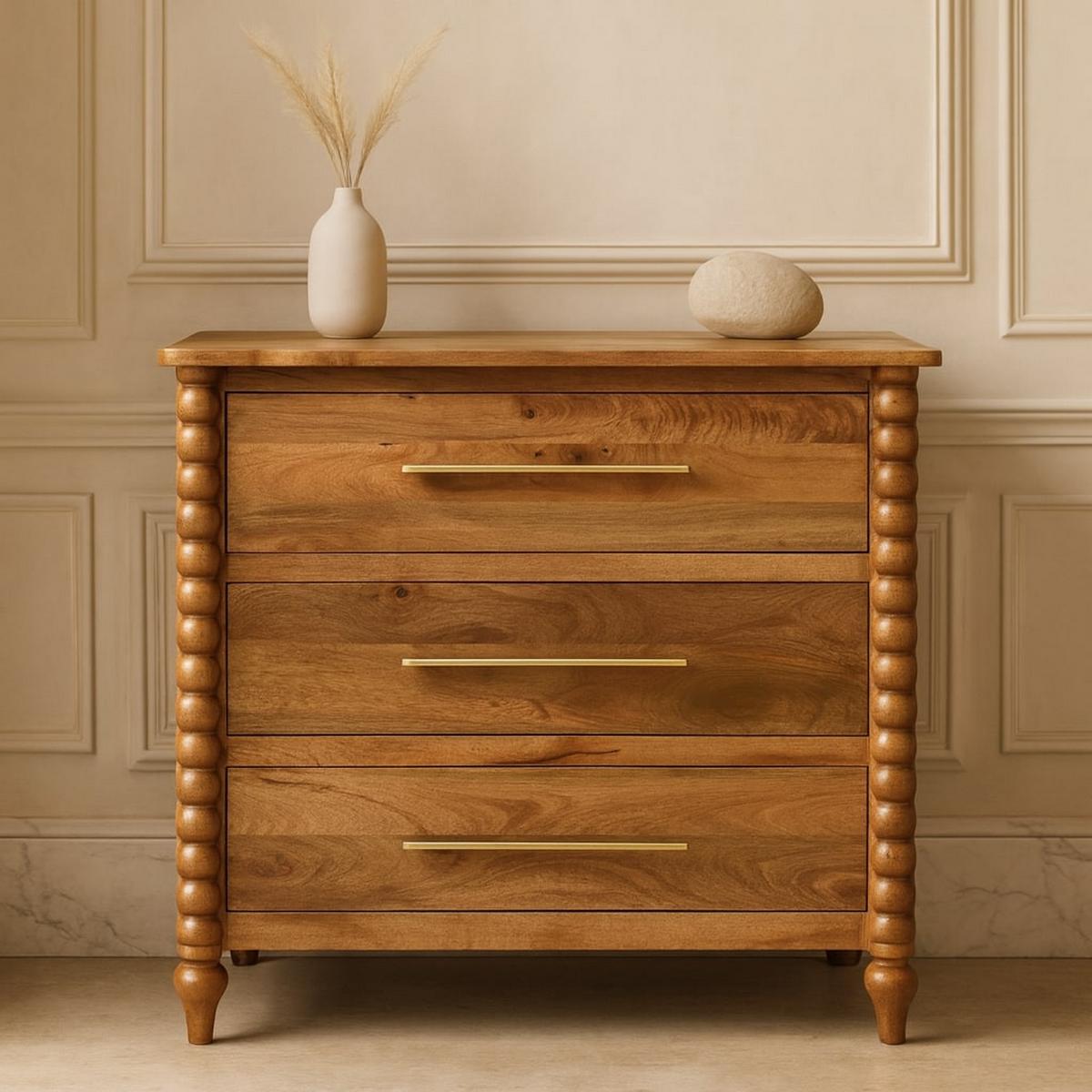 KOMMODE mit Amber-Eichen-Finish, 3 Schubladen, gedrechselte Spindelbeine, braun - Braun, Holz/Metall (90/87/42cm) - Artisan Furniture