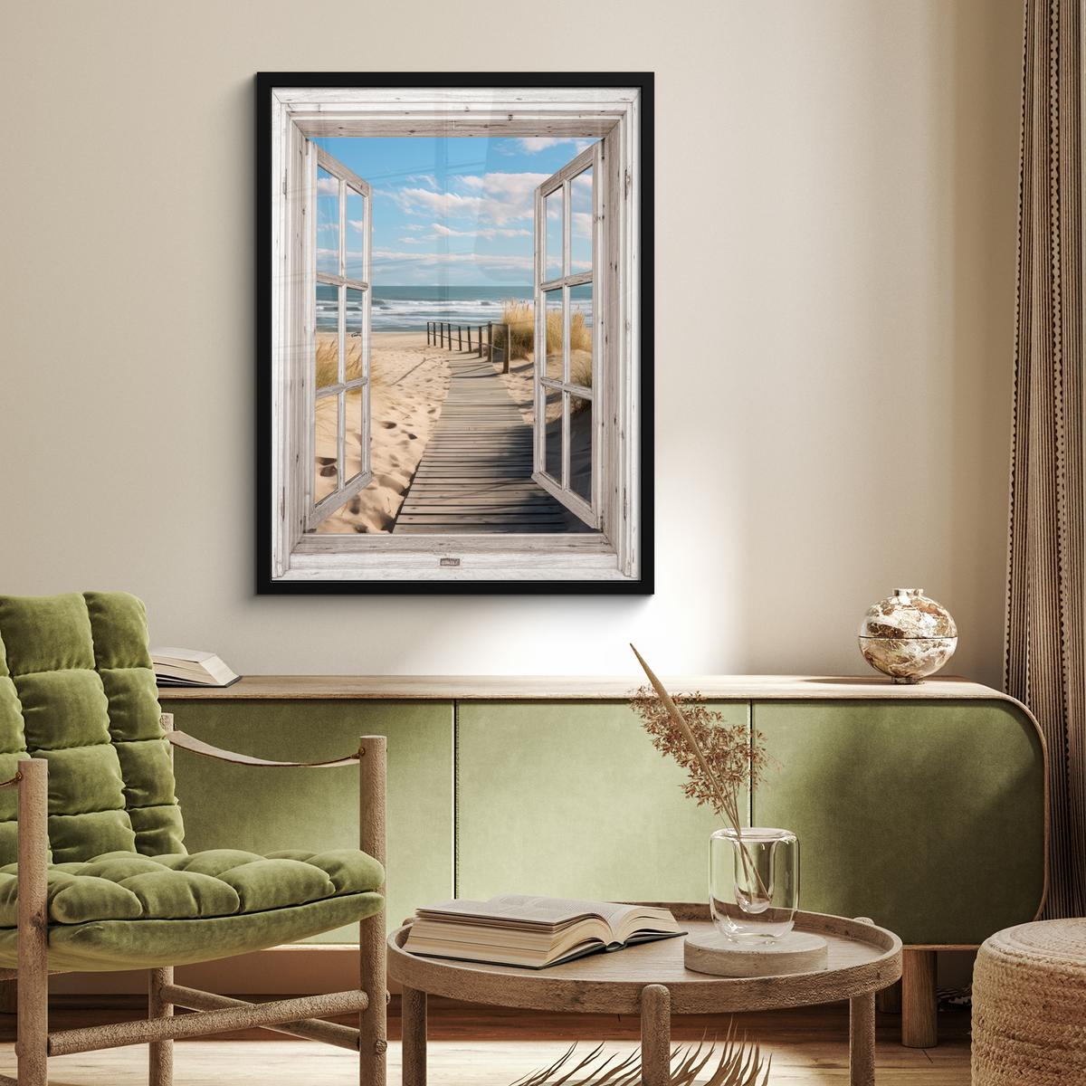POSTER MIT RAHMENGERAHMTES BILD Fenster - Meer - Küste - Natur - Ausblick - Strand - Wattenmeer Posterleiste 60x80 cm - Beige, Papier (60/80cm) - MuchoWow
