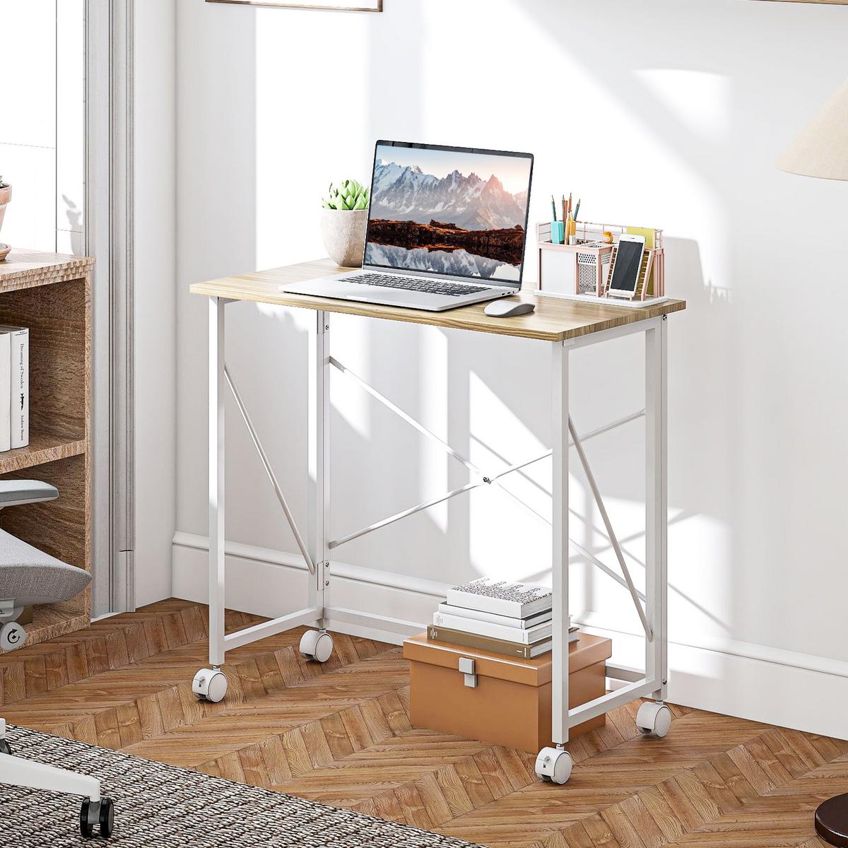 SCHREIBTISCH Klappbar Kleiner 80 cm Klappschreibtisch mit Rollen für Home Office - Weiß, Holzwerkstoff/Metall (80/40/75cm) - HOMCOM