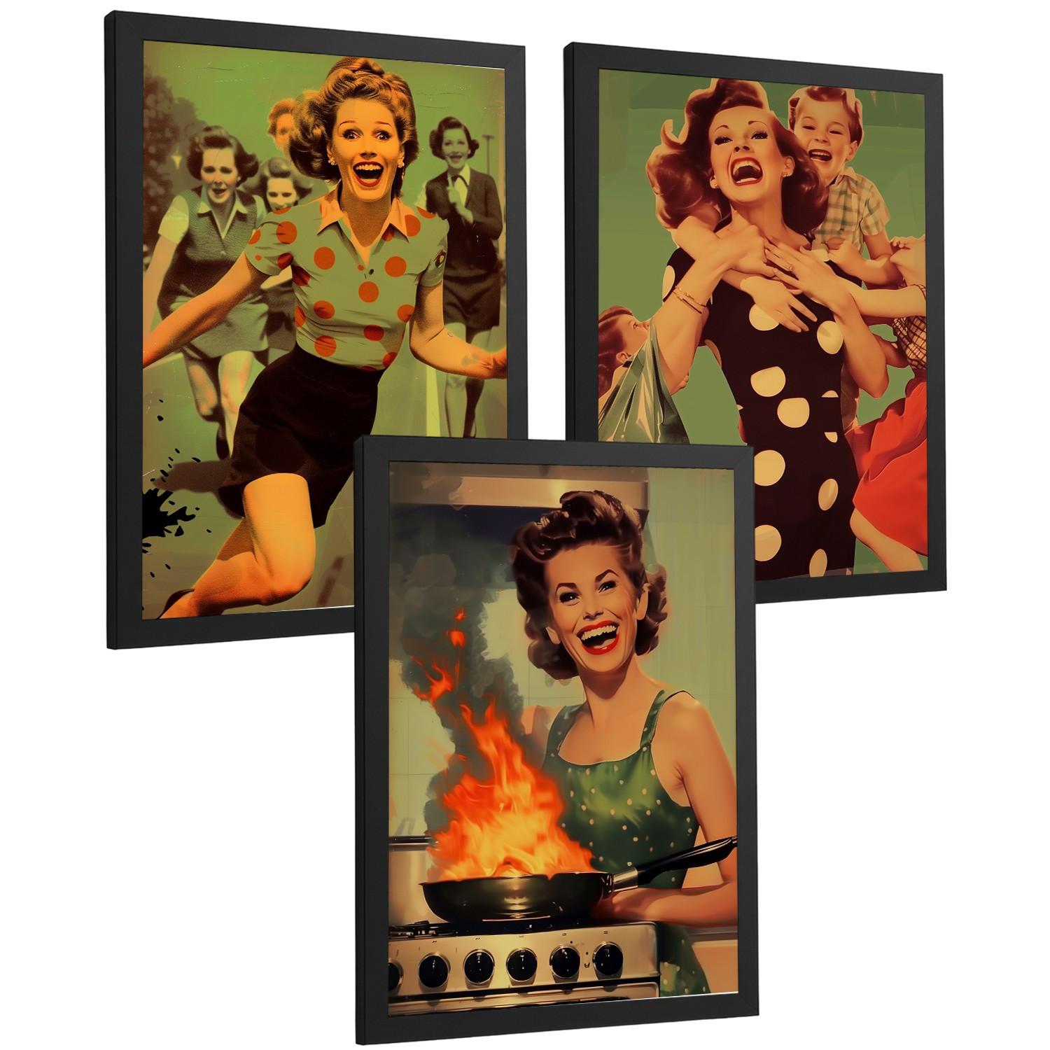 POSTER 3er Bilder-Set Wandbilder Retro Pin-up modern Wohnzimmer Deko, Schlafzimmer, Küche, Badezimmer Schwarzer Rahmen A3 - Schwarz, Papier (29.7/1/42cm) - Nacnic