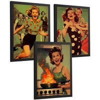 POSTER 3er Bilder-Set Wandbilder Retro Pin-up modern Wohnzimmer Deko, Schlafzimmer, Küche, Badezimmer Schwarzer Rahmen A3 - Schwarz, Papier (29.7/1/42cm) - Nacnic