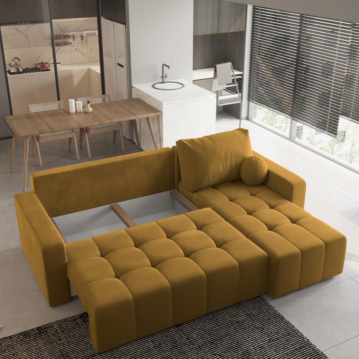 ECKSOFA VOLIRA Gelb Plüsch-Stoff mit Schlaffunktion - Gelb, Holz (230/143cm) - MASSENO