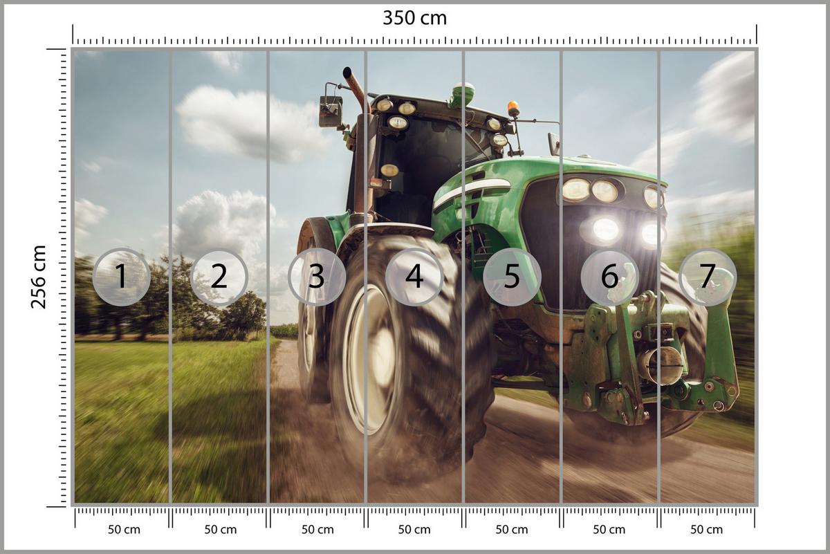 FOTOTAPETE Fahrender Traktor Bäume Vegetation Landwirtschaft 350x256 - Schwarz/Weiß, Papier (350/256cm) - Muralo