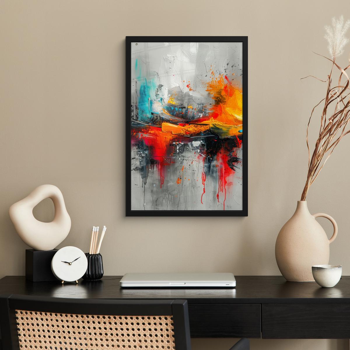 POSTER MIT RAHMEN Moderne Kunst - Orange - Grau - Abstrakt Bilder mit Rahmen 40x60 cm - Hellgrau, Papier (40/60cm) - MuchoWow