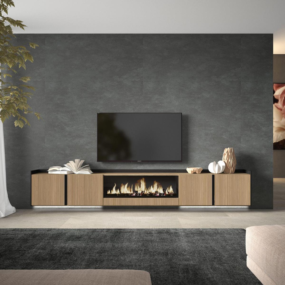 LOWBOARD, Eiche und Schwarz, 315/35/50cm, Elektrokamin XXL, Hängend, Led - Eichefarben, Holzwerkstoff (315/50/35cm) - Skraut Home