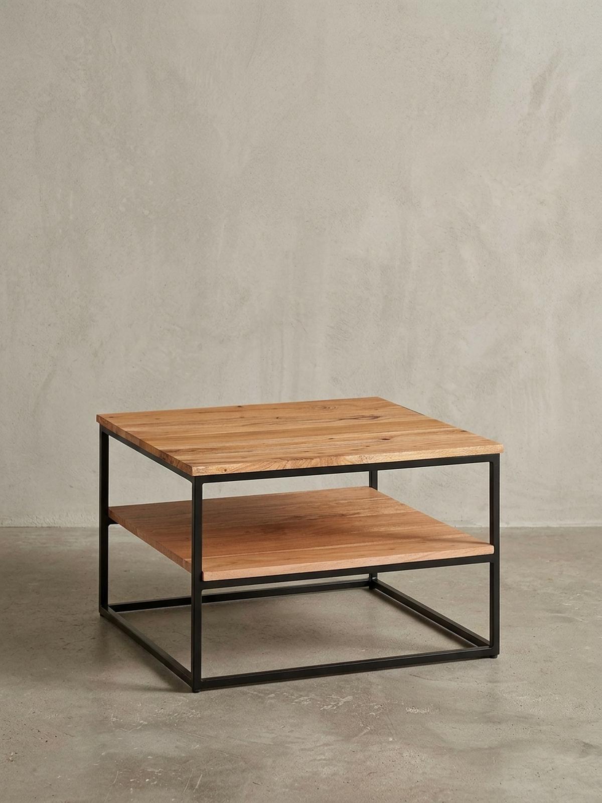 COUCHTISCH Industrial, Akazienholz mit Metallbeinen, zwei Ablageflächen - Beige/Schwarz, Holz/Metall (60/60/41cm) - KADIMA DESIGN