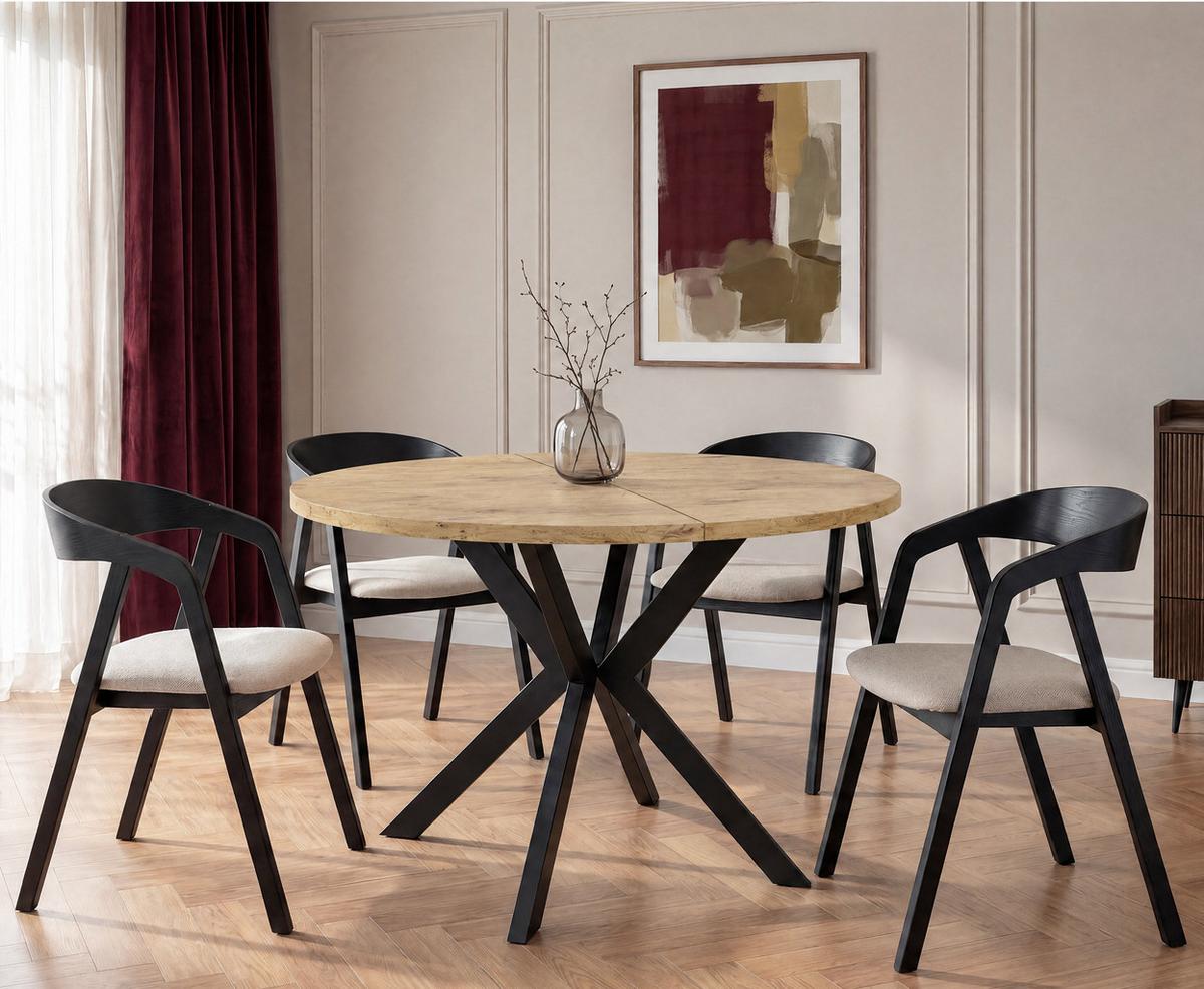 ESSTISCH Valeo runder ausziehbarer, Lancelot Eiche 100-180/100/76 cm - Eichefarben/Schwarz, Holzwerkstoff/Metall (100/180/76cm) - WFL GROUP