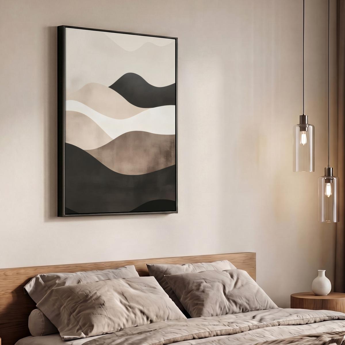 LEINWAND Bilder mit Rahmen - Abstrakt - Landschaft - Wellen - Cremefarben - 70x100 - Cappuccino, Textil (70/100cm) - MuchoWow