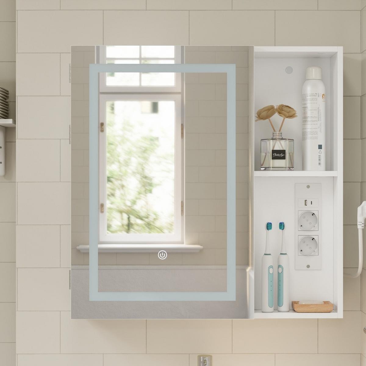 SPIEGELSCHRANK mit LED-Beleuchtung und Steckdosen BZR239-E-W - Ahornfarben, Fell (60/60/15.5cm) - SoBuy