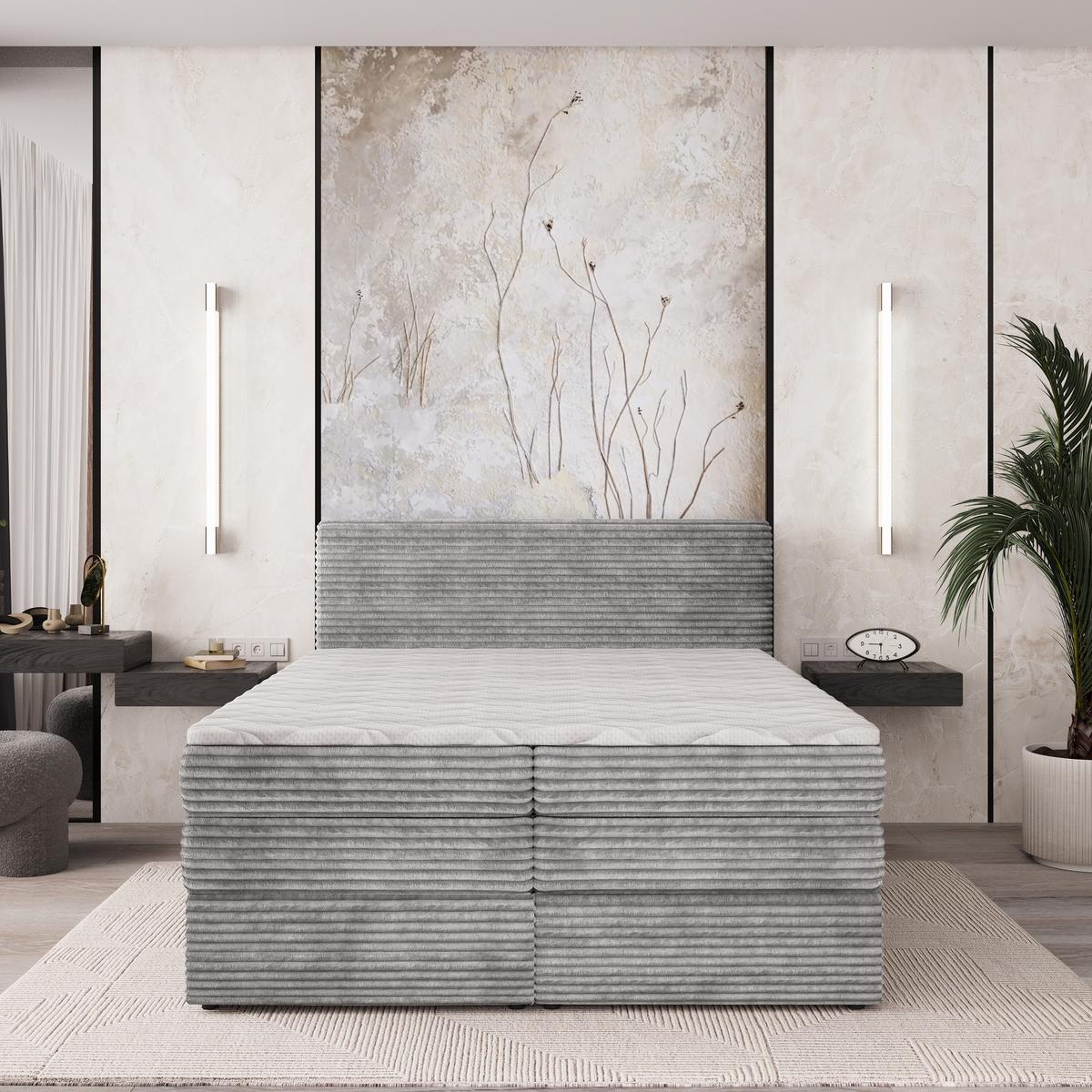 BOXSPRINGBETT LUNERA 140x200 cm mit Matratze und Topper - Hellgrau - Grau, Holz (140/200cm) - MASSENO