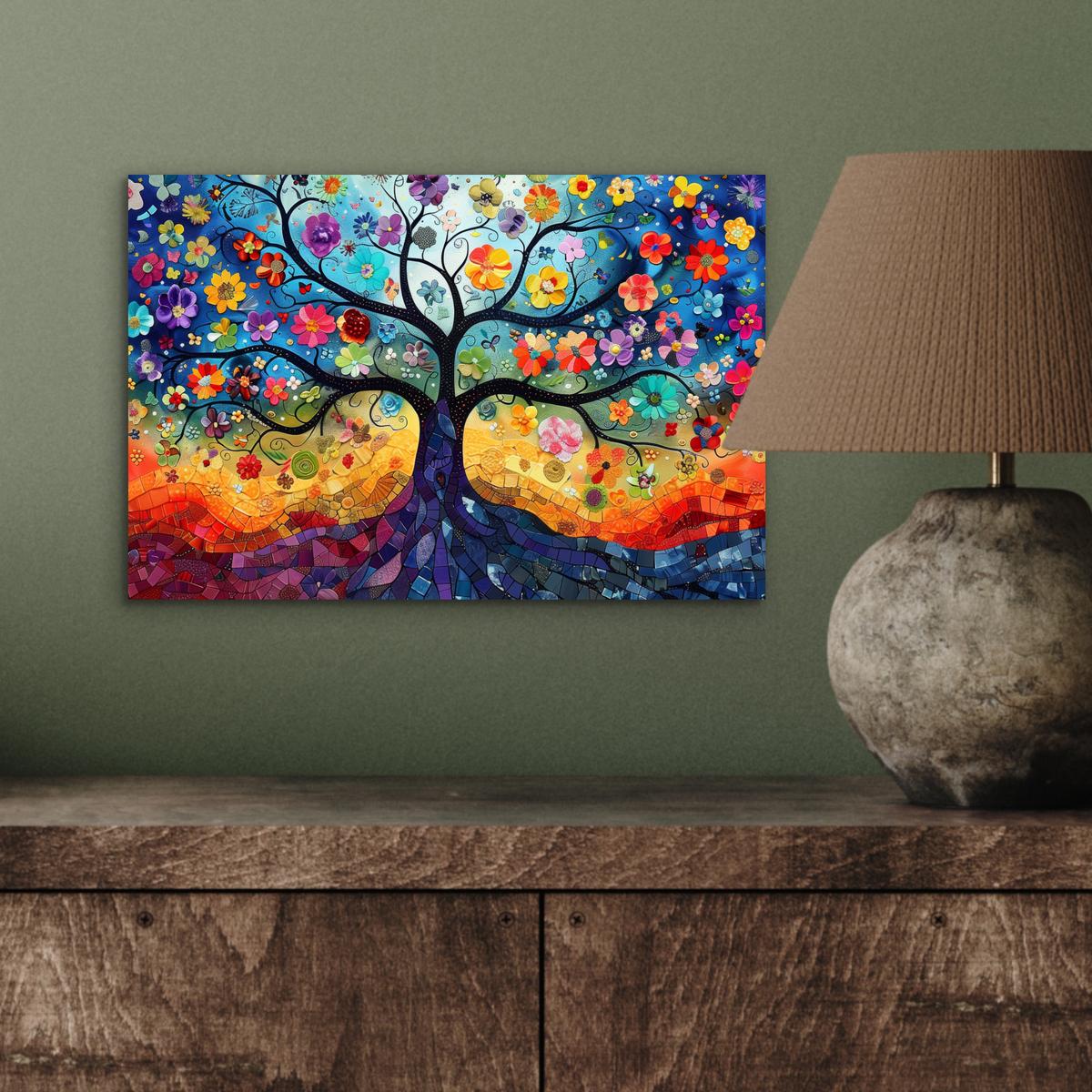 METALLBILD Kunst - Baum des Lebens - Blumen - Hippie 30x20 cm - Dunkelblau, Metall (30/20cm) - MuchoWow