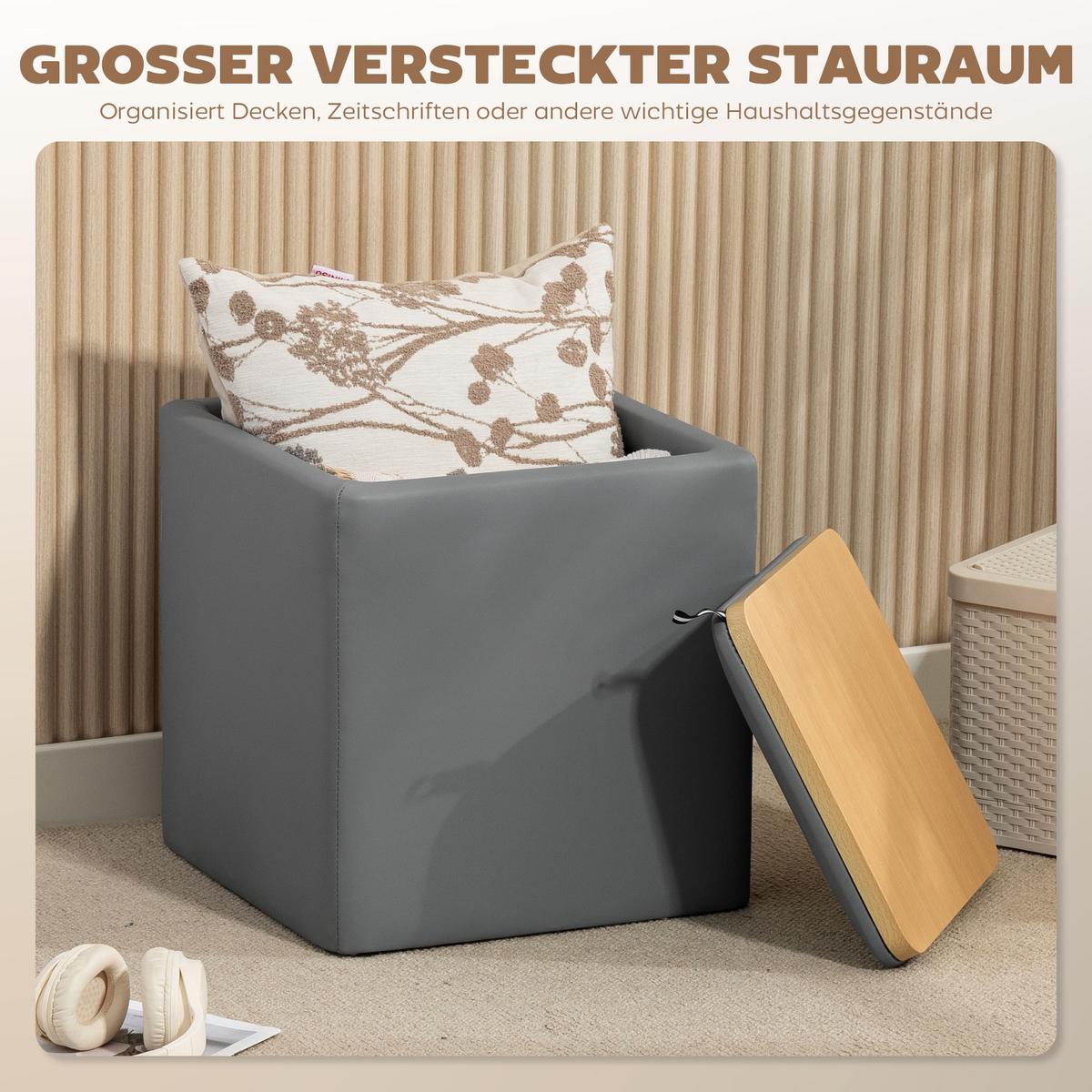 SITZWÜRFEL mit Stauraum Hocker mit Deckel, Quadratischer Fußhocker Sitzwürfel - Schwarz/Grau, Holzwerkstoff (40/40/40cm) - HOMCOM