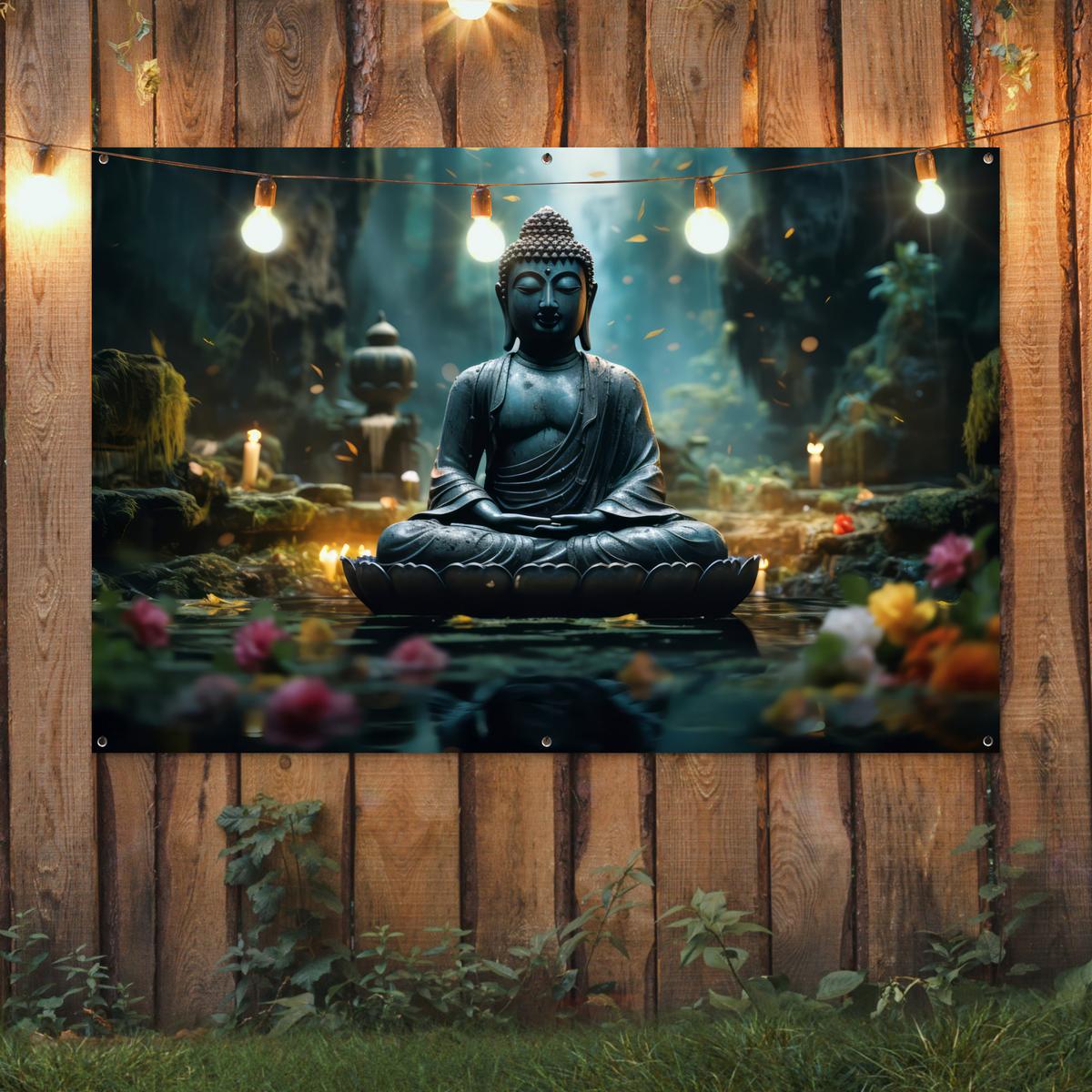 GARTENPOSTER Buddha - Statue - Buddha - Zen - Kunst - Buddha Poster für draußen 180x120 cm - Dunkelgrau, Kunststoff (180/120/0.2cm) - OnlyWow