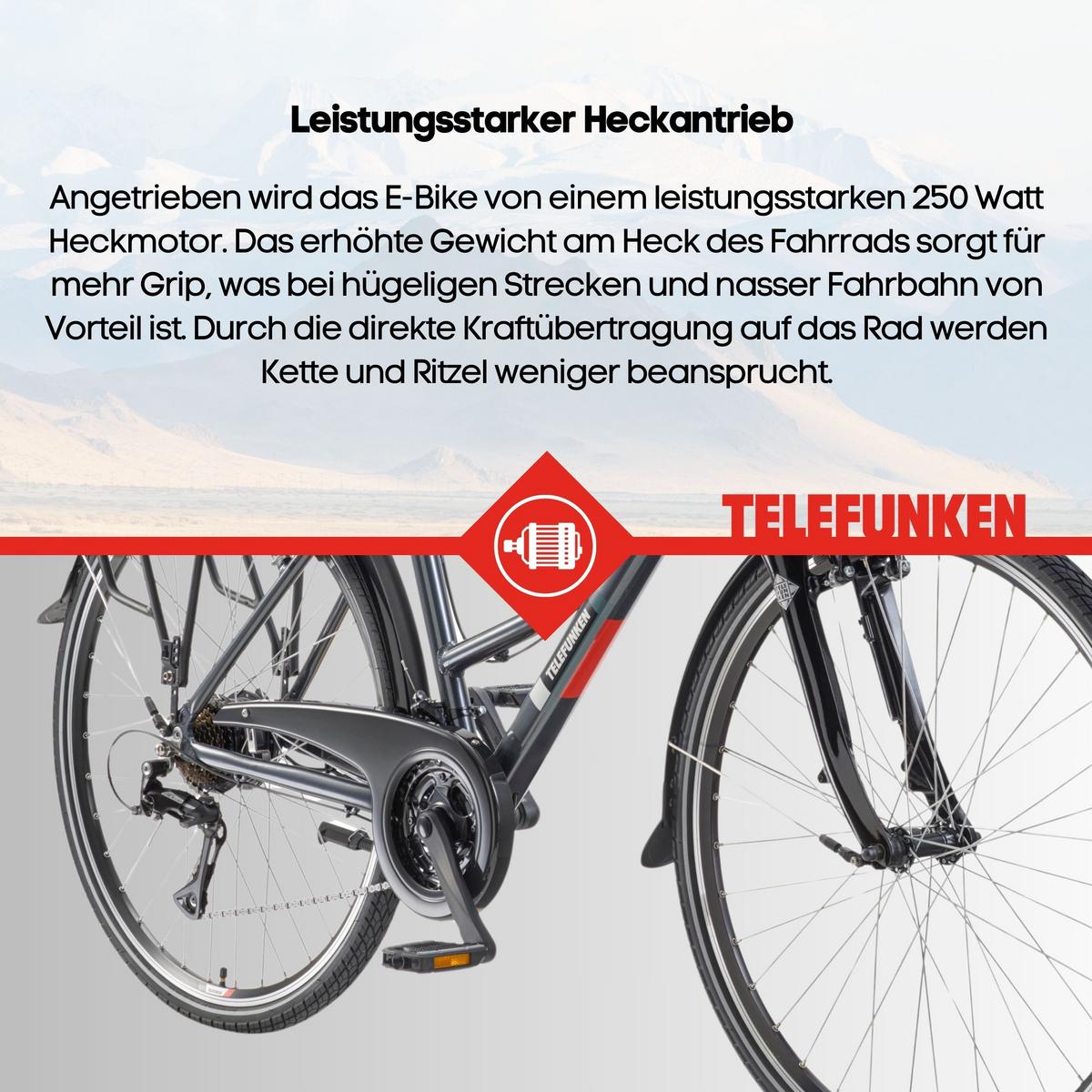 E-BIKE XT485 Trekking Elektrofahrrad 21-Gang Shimano Kettenschaltung, Pedelec, 14,5Ah, 37V Akku - Anthrazit, Metall (112cm) - Telefunken