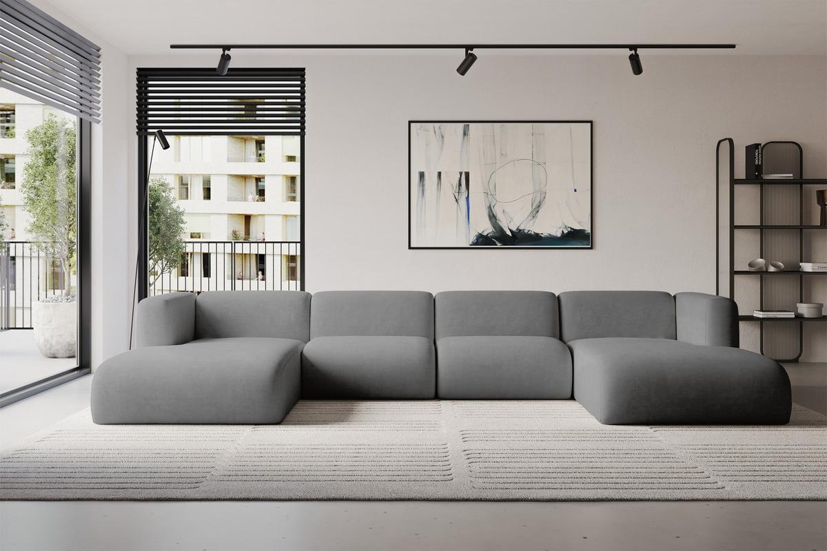 WOHNLANDSCHAFT MIRA-U2 408x179x70 Grau Velours - Schieferfarben/Schwarz, Holzwerkstoff/Kunststoff (408/70/179cm) - ALTDECOR