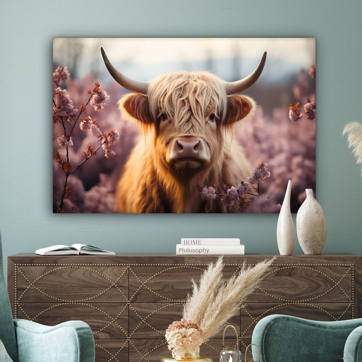 LEINWANDBILD Schottischer Hochländer - Frühling - Hochland Groß 140x90 cm - Hellrosa, Textil (140/90cm) - MuchoWow