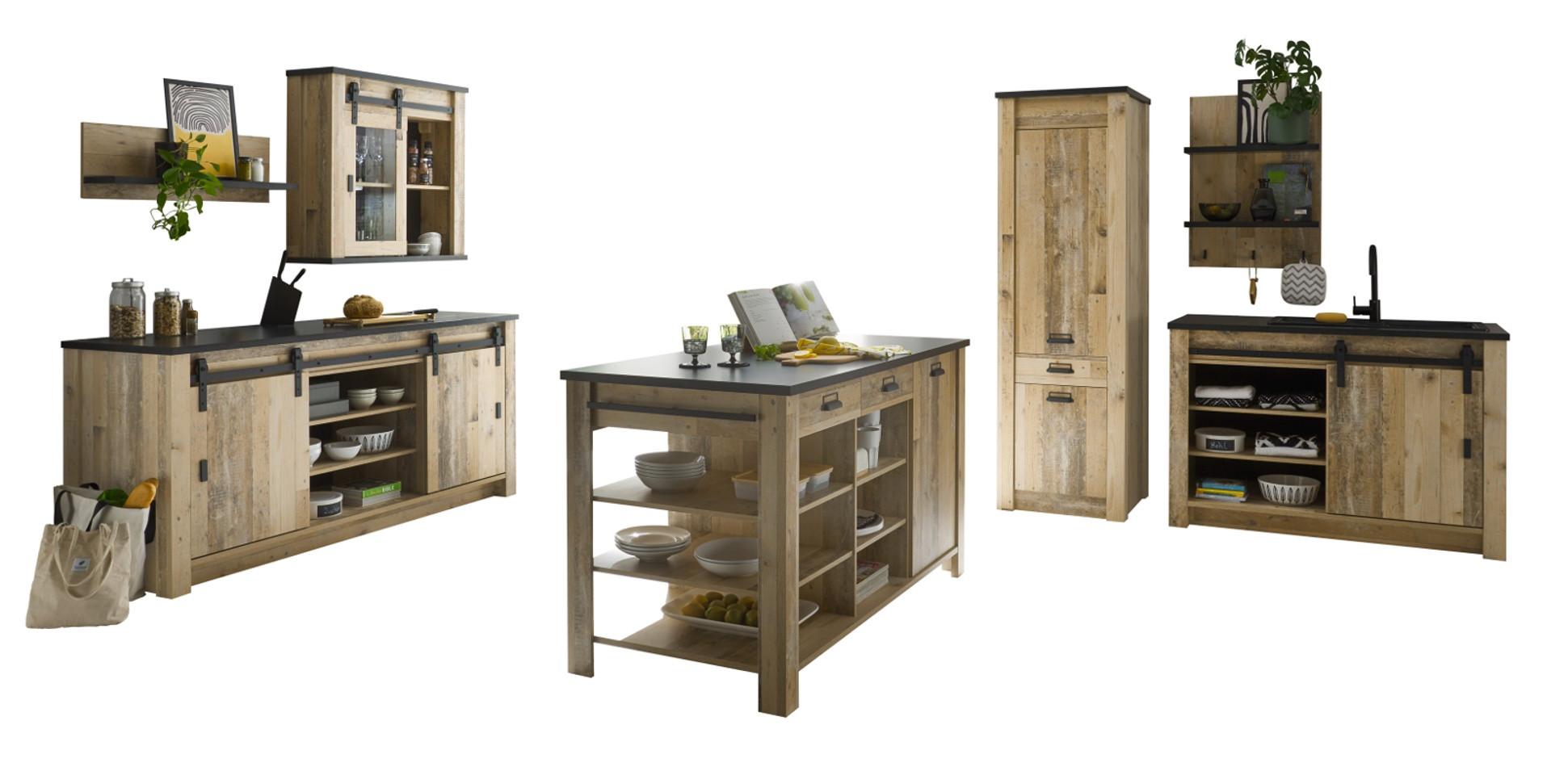 KÜCHEN-SET Used Wood hell, anthrazit, Küchenschrank Set 7-teilig mit Kochinsel - Anthrazit/Schwarz, Glas/Holzwerkstoff (201/201/64cm) - Furn.Design