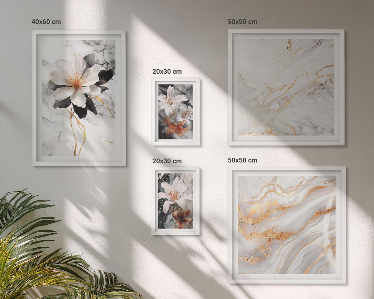 BILDER SET 5er Set - 50x50 cm & 20x30 cm & 40x60 cm Weißer Rahmen - Bilder mit blau-goldenen Mustern - Weiß, Kunststoff (40/60cm) - TULUP
