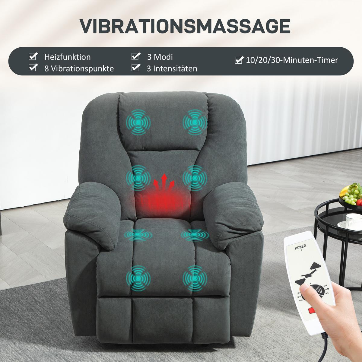 ELEKTRISCH Relaxsessel Fernsehsessel mit Liegefunktion Wärmefunktion Fußteil - Dunkelgrau/Schwarz, Textil/Metall (88/101/97cm) - HOMCOM
